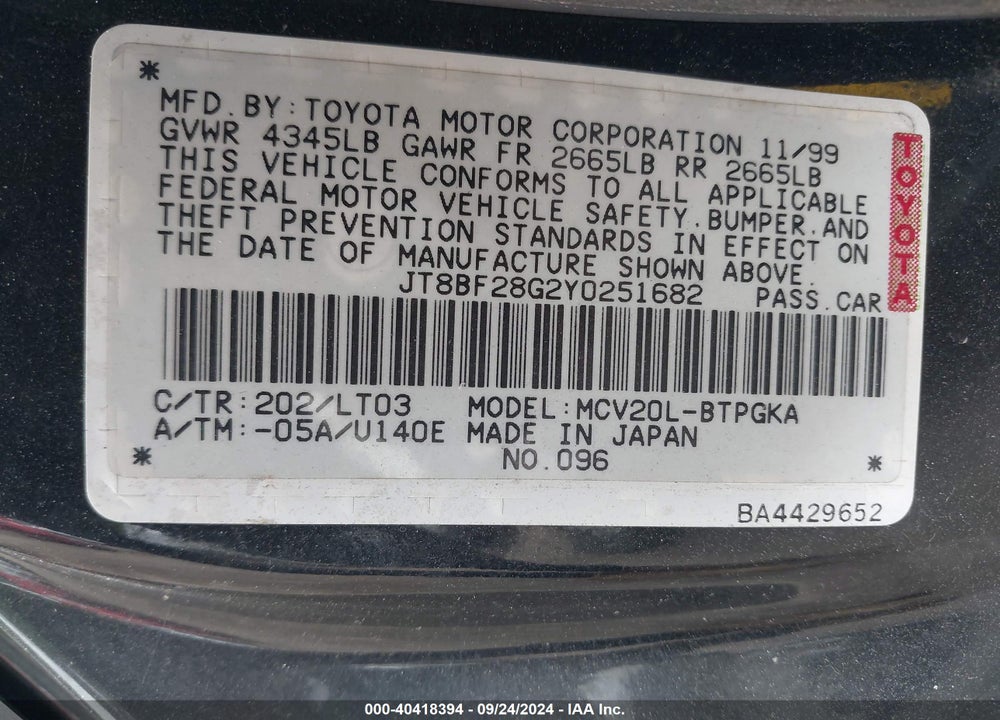 2000 LEXUS ES 300 VIN: JT8BF28G2Y0251682