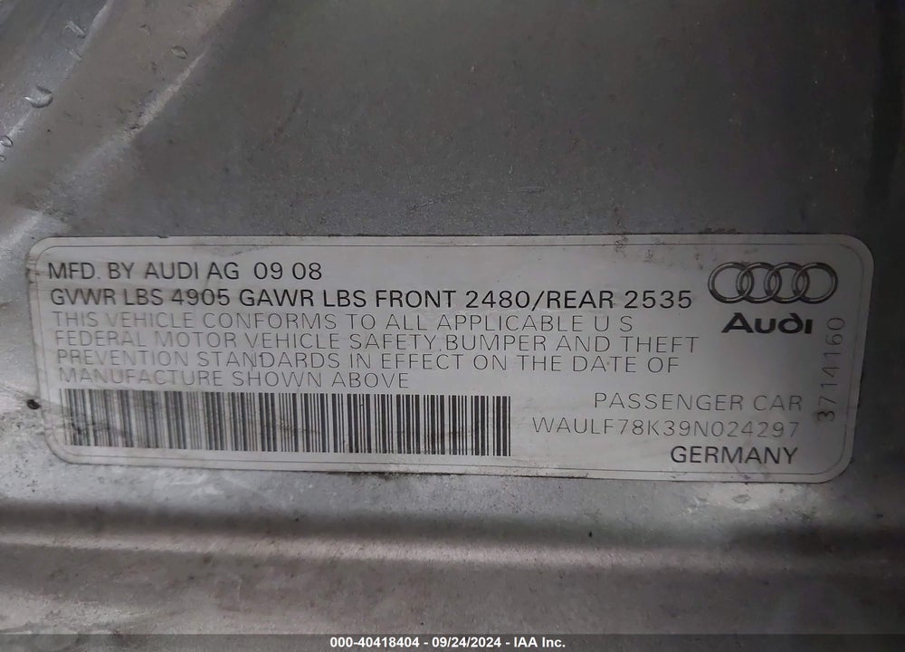 2009 AUDI A4 2.0T PREMIUM VIN: WAULF78K39N024297