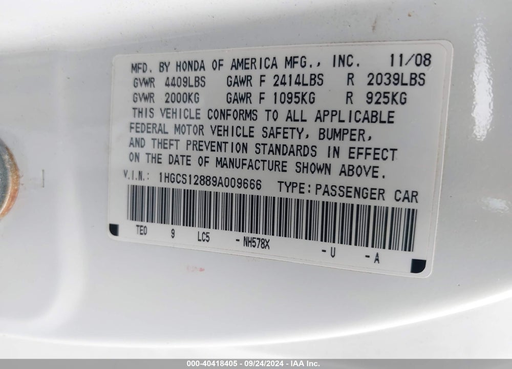 2009 HONDA ACCORD 2.4 EX-L VIN: 1HGCS12889A009666