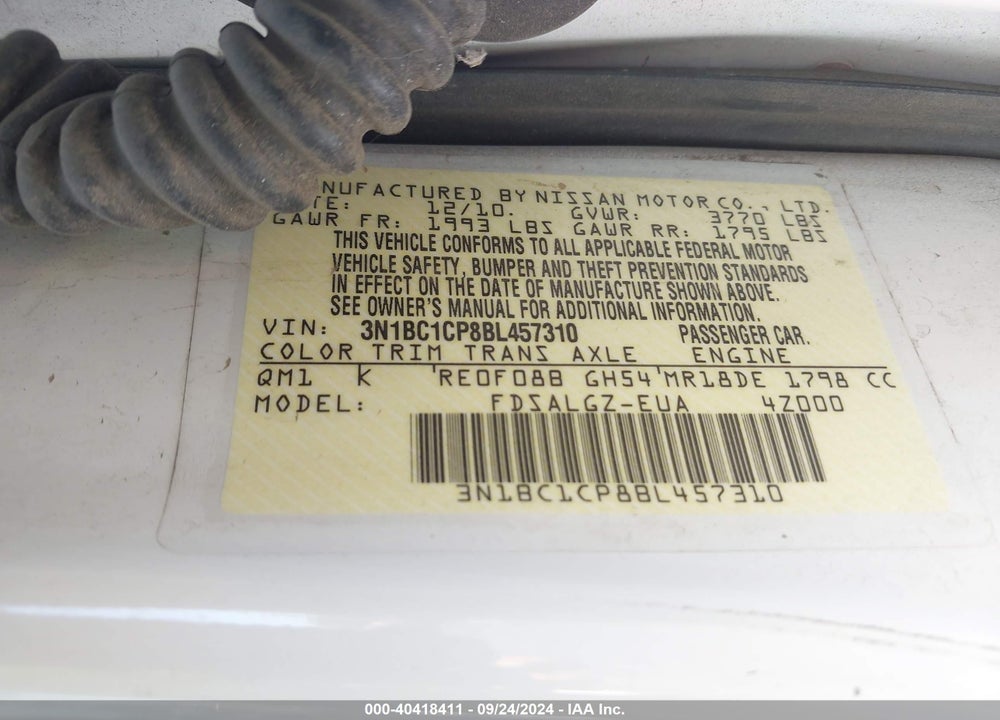 2011 NISSAN VERSA 1.8SL VIN: 3N1BC1CP8BL457310