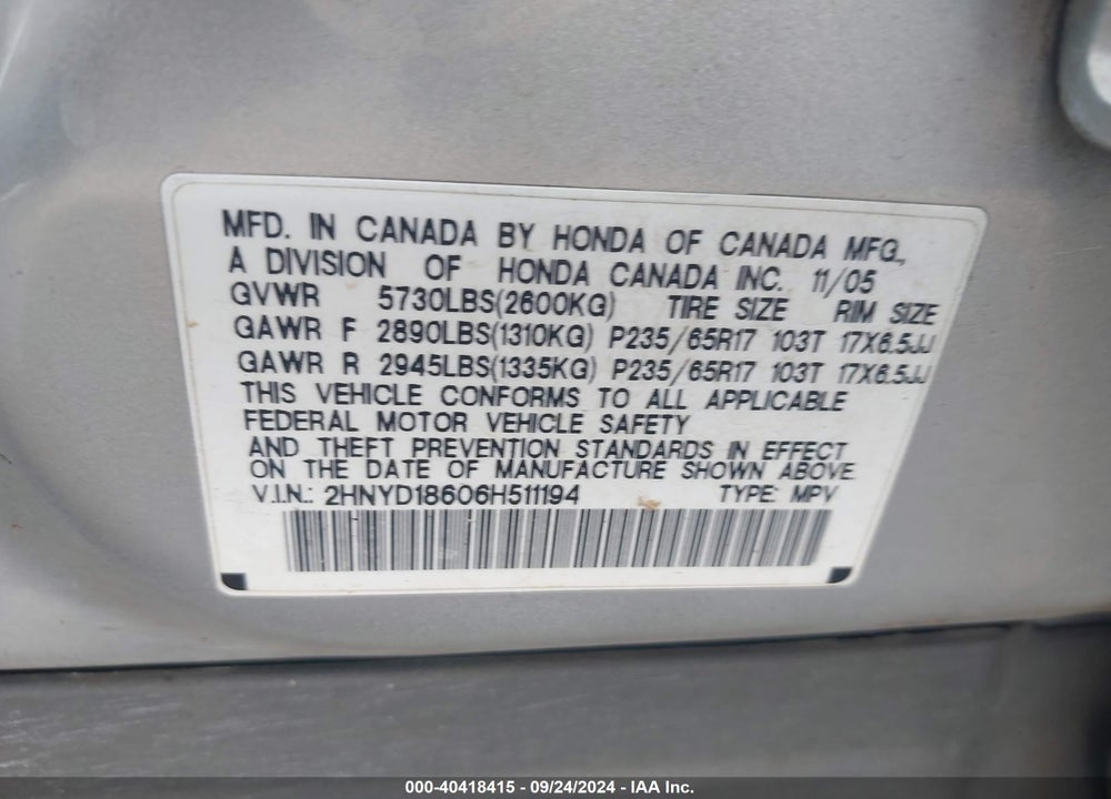 2006 ACURA MDX VIN: 2HNYD18606H511194