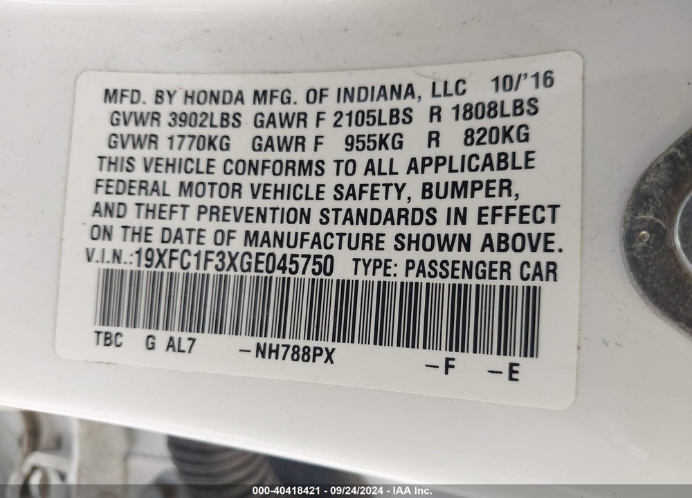 2016 HONDA CIVIC EX-T VIN: 19XFC1F3XGE045750