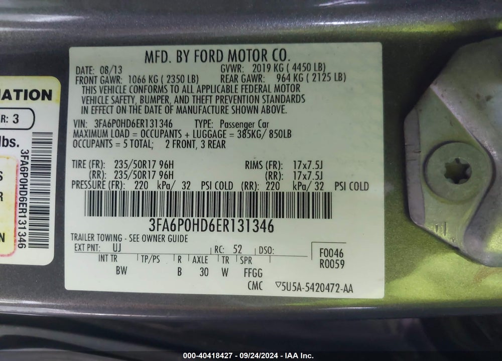 2014 FORD FUSION SE VIN: 3FA6P0HD6ER131346
