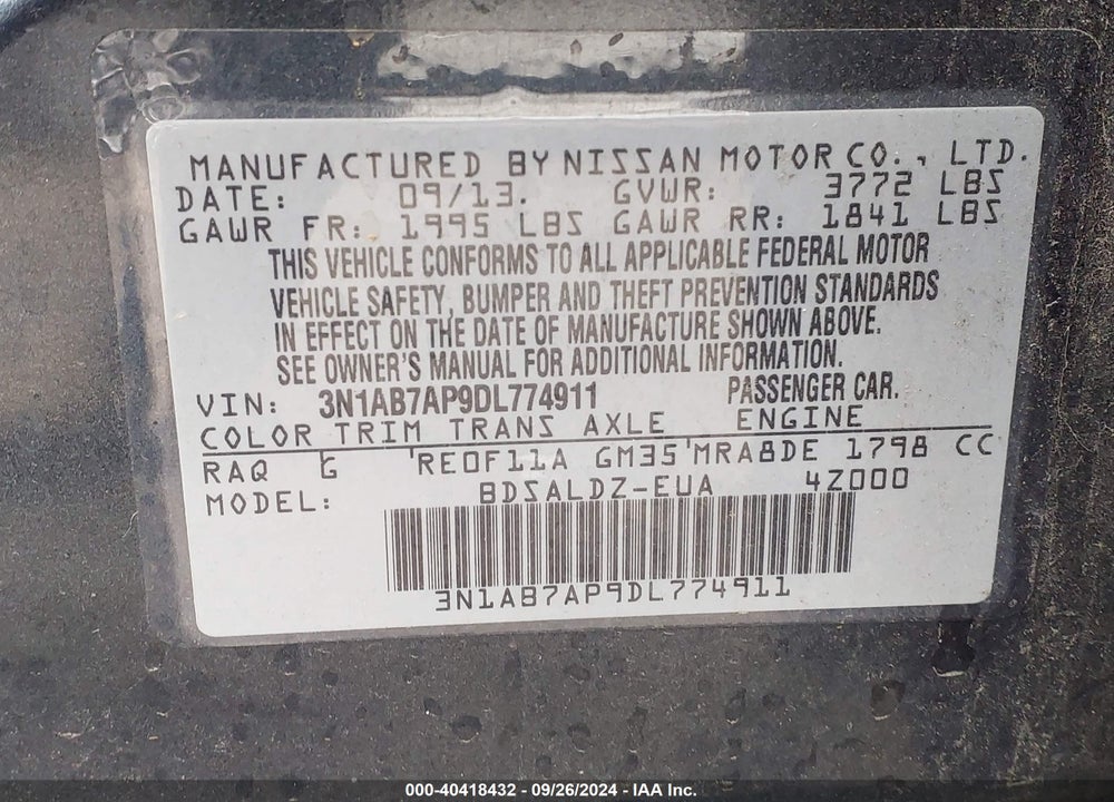 2013 NISSAN SENTRA SV VIN: 3N1AB7AP9DL774911