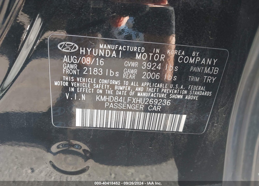 2017 HYUNDAI ELANTRA LIMITED/SE/VALUE EDITION VIN: KMHD84LFXHU269236