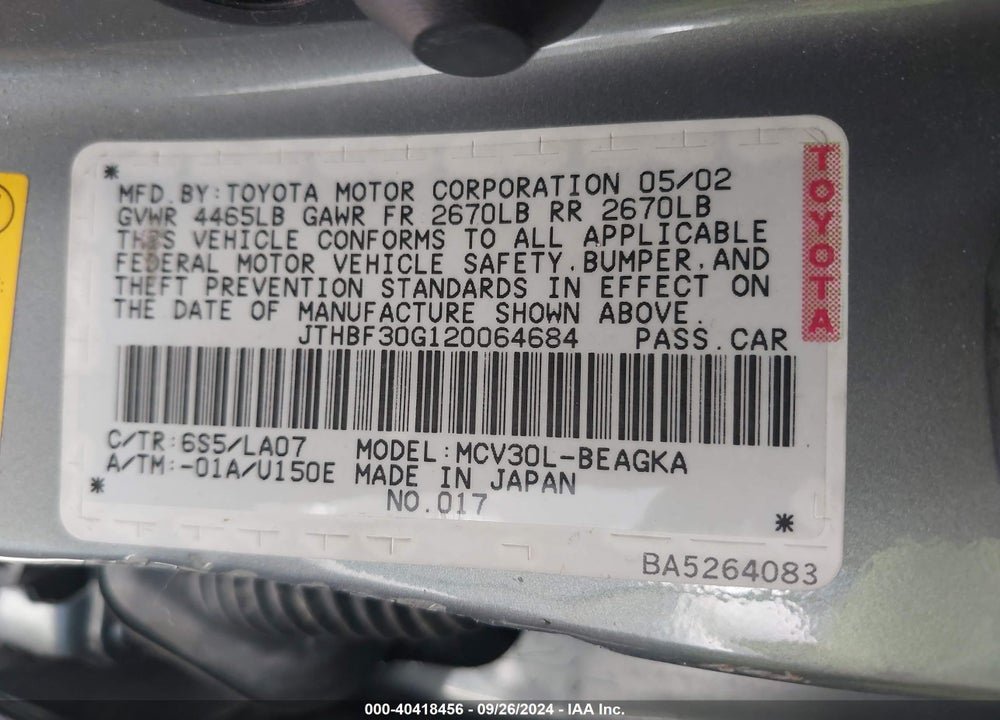 2002 LEXUS ES 300 VIN: JTHBF30G120064684
