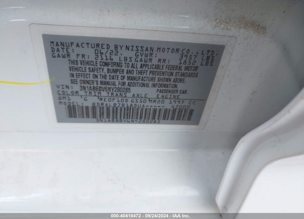 2022 NISSAN SENTRA VIN: 3N1AB8BV6NY280285
