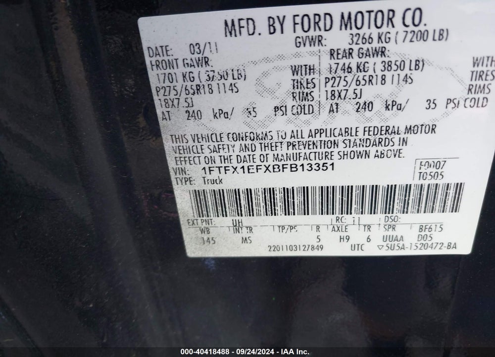 2011 FORD F-150 XLT VIN: 1FTFX1EFXBFB13351