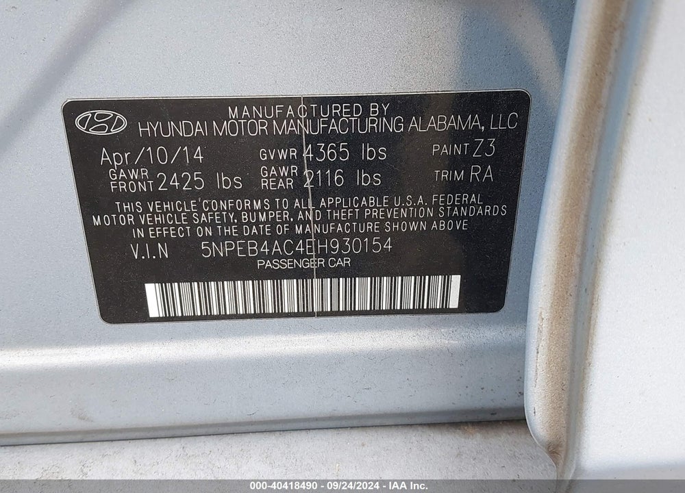 2014 HYUNDAI SONATA GLS VIN: 5NPEB4AC4EH930154