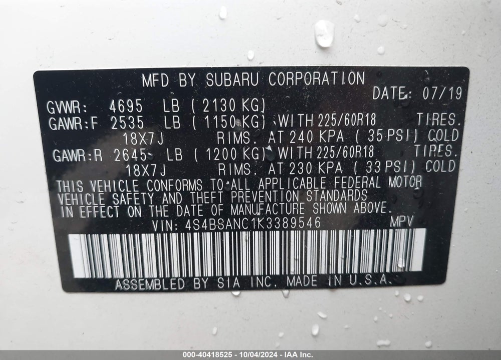 2019 SUBARU OUTBACK 2.5I LIMITED VIN: 4S4BSANC1K3389546