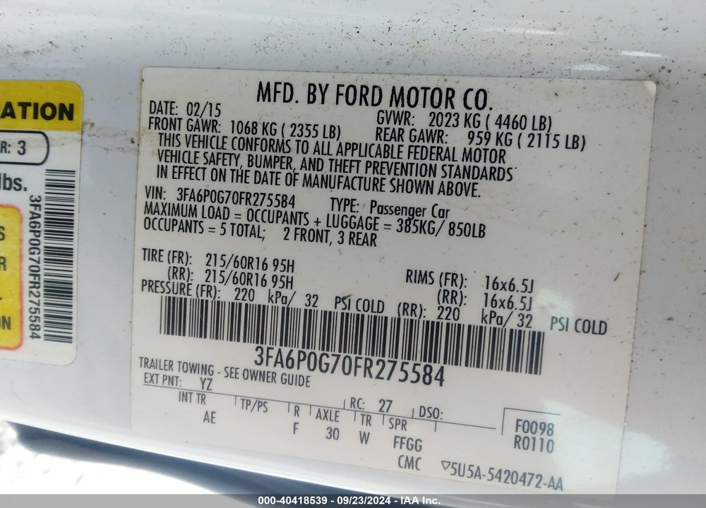 2015 FORD FUSION S VIN: 3FA6P0G70FR275584