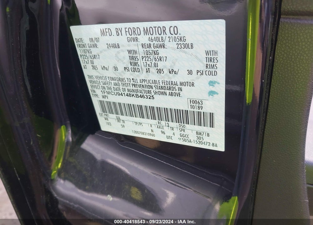 2008 FORD ESCAPE LIMITED VIN: 1FMCU94148KB46325