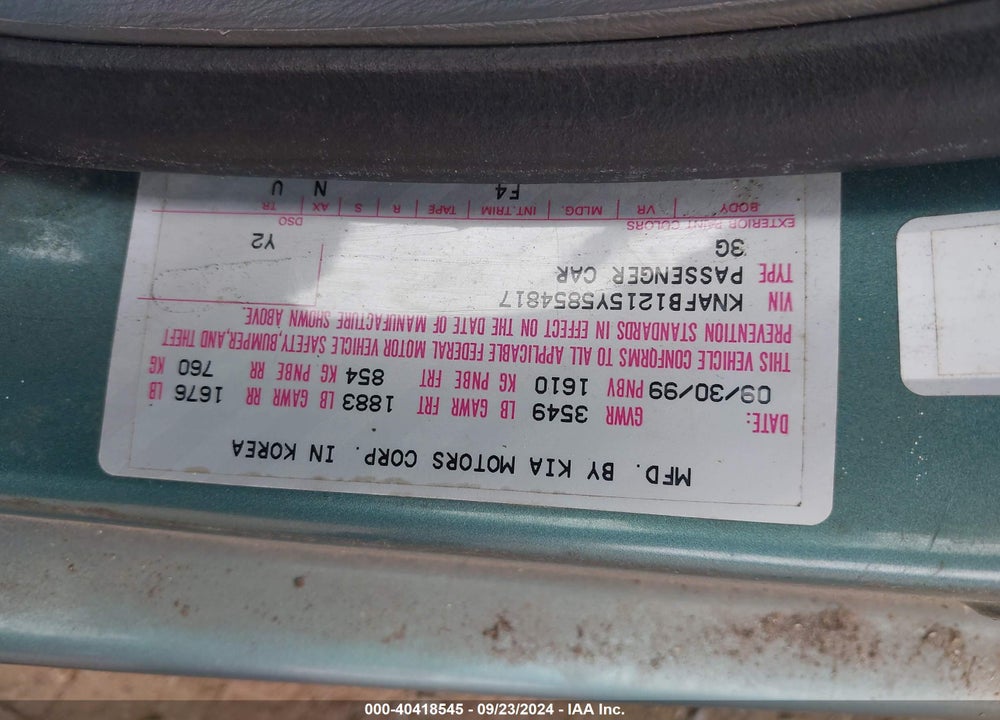 2000 KIA SEPHIA LS/LS W/POWER PKG VIN: KNAFB1215Y5854817