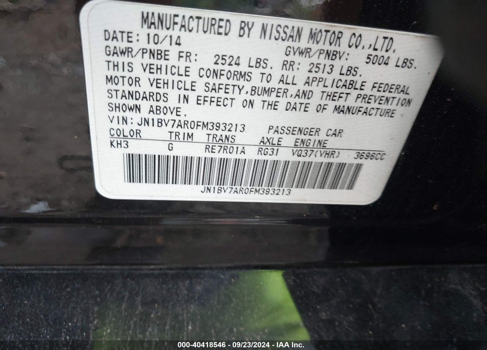 2015 INFINITI Q50 PREMIUM VIN: JN1BV7AR0FM393213