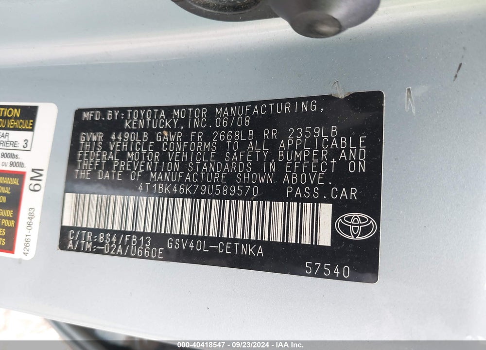 2009 TOYOTA CAMRY LE V6 VIN: 4T1BK46K79U589570