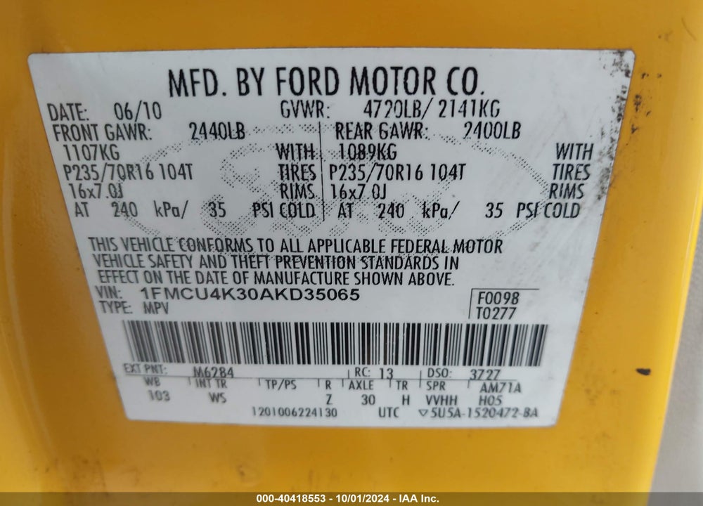 2010 FORD ESCAPE HYBRID VIN: 1FMCU4K30AKD35065