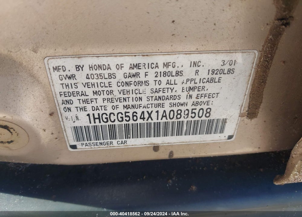 2001 HONDA ACCORD 2.3 LX VIN: 1HGCG564X1A089508