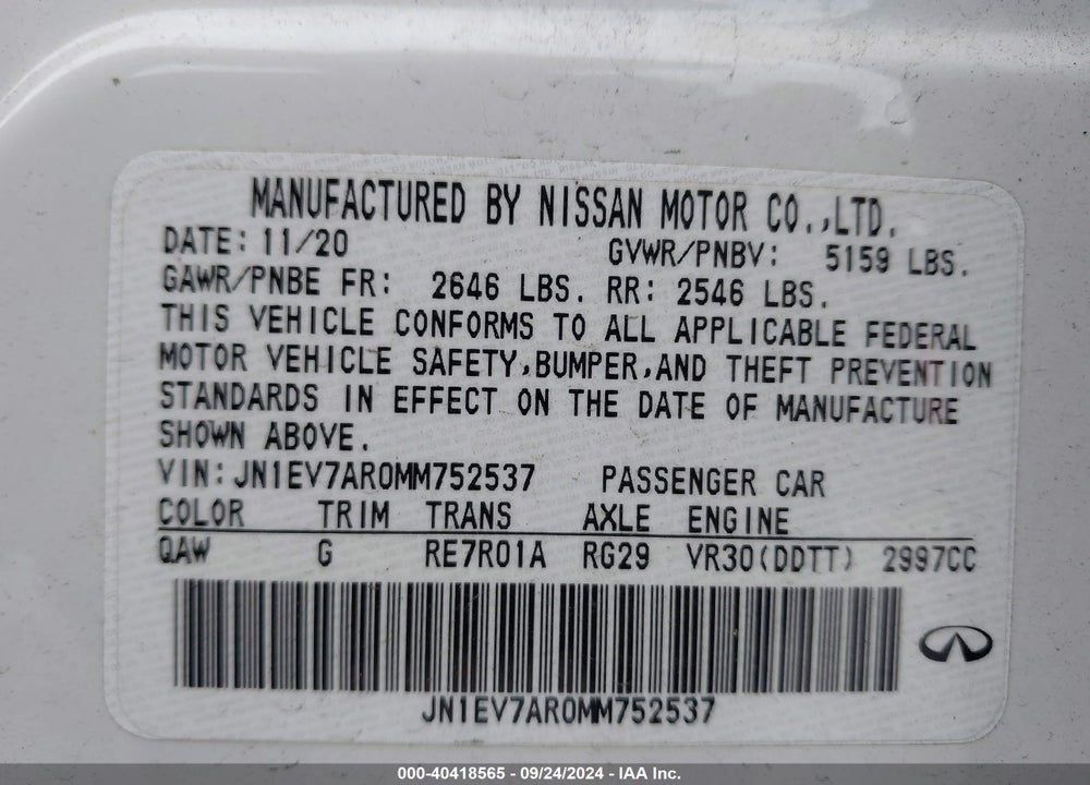 2021 INFINITI Q50 PURE AWD VIN: JN1EV7AR0MM752537