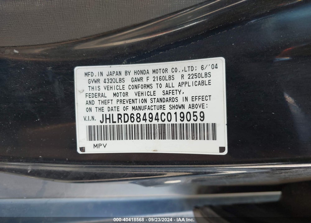 2004 HONDA CR-V LX VIN: JHLRD68494C019059