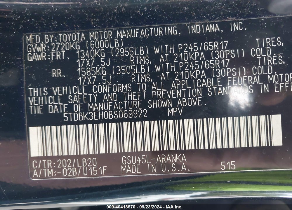 2011 TOYOTA HIGHLANDER SE V6 VIN: 5TDBK3EH0BS069922