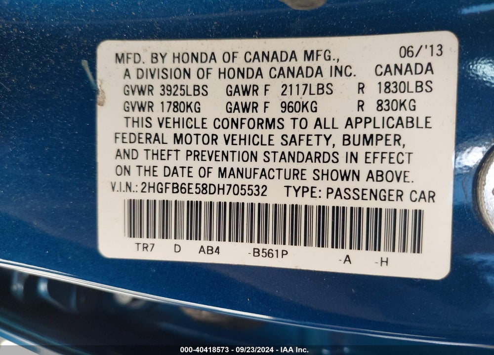 2013 HONDA CIVIC SI VIN: 2HGFB6E58DH705532