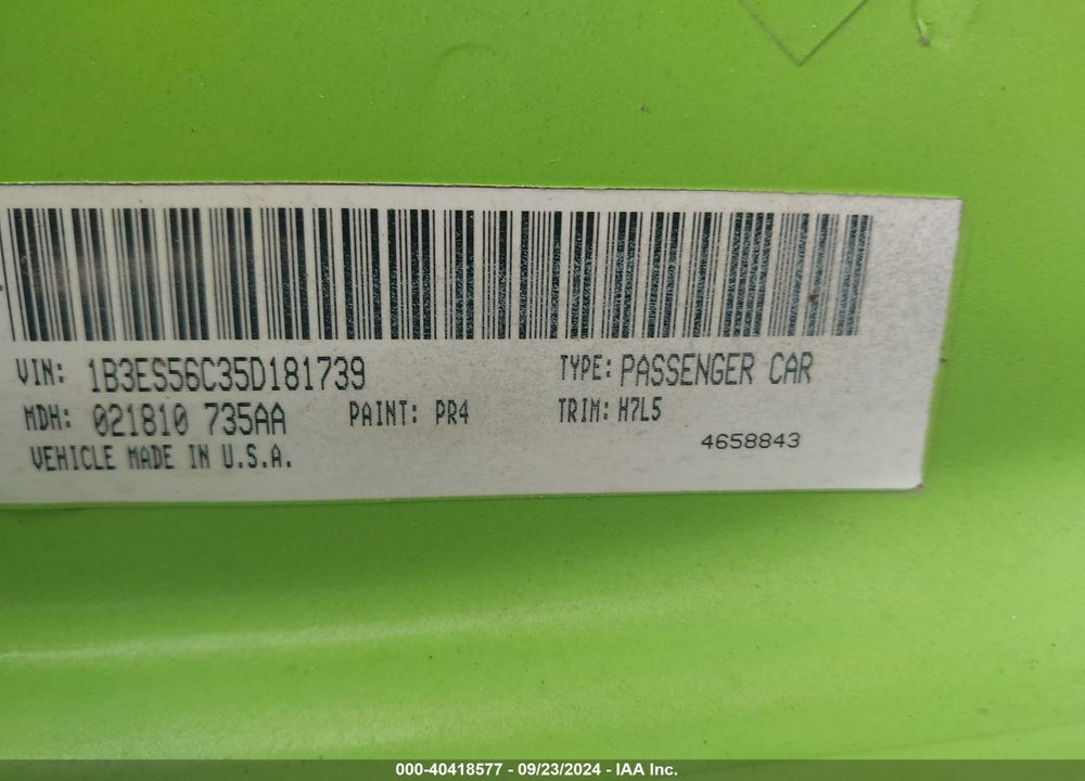 2005 DODGE NEON SXT VIN: 1B3ES56C35D181739