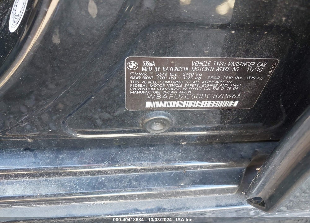 2011 BMW 535I XDRIVE VIN: WBAFU7C50BC870666