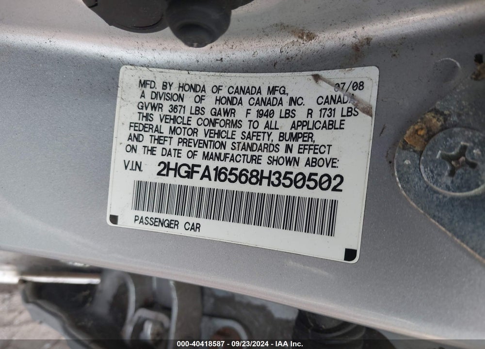2008 HONDA CIVIC LX VIN: 2HGFA16568H350502