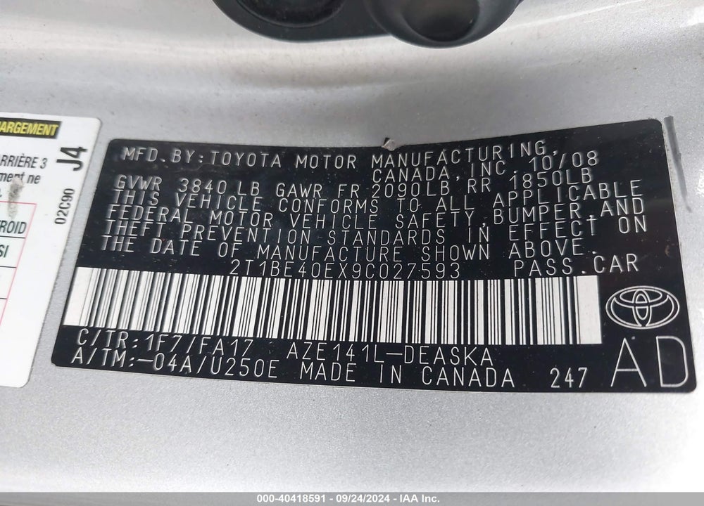 2009 TOYOTA COROLLA XRS VIN: 2T1BE40EX9C027593