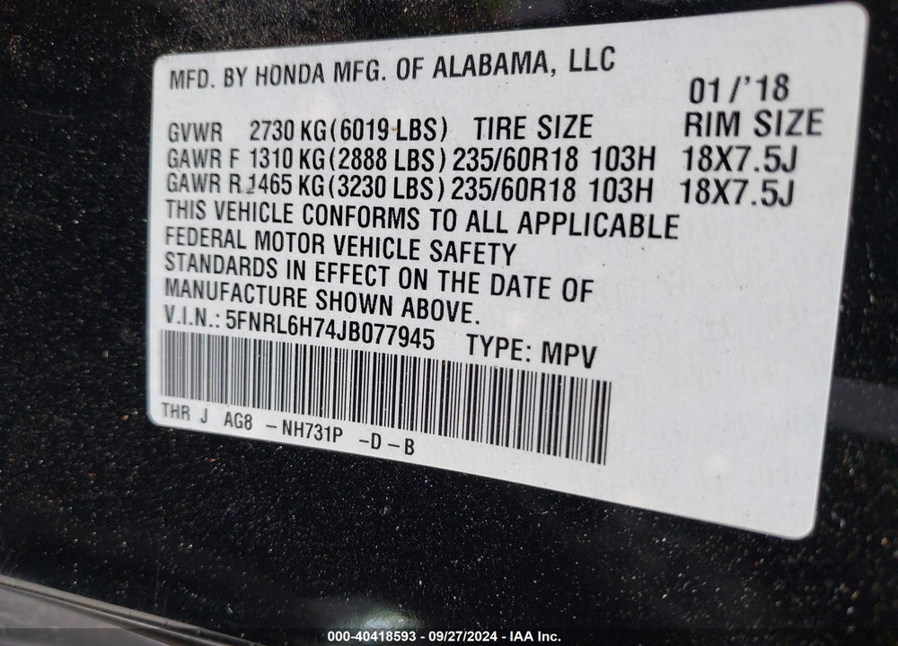 2018 HONDA ODYSSEY EX-L VIN: 5FNRL6H74JB077945