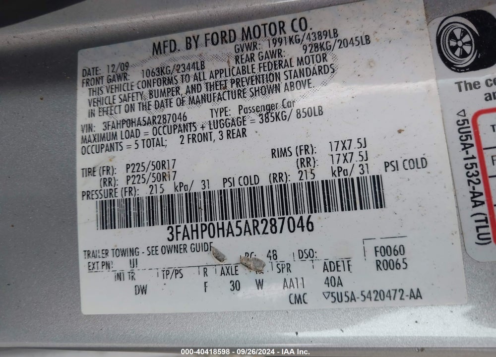 2010 FORD FUSION SE VIN: 3FAHP0HA5AR287046