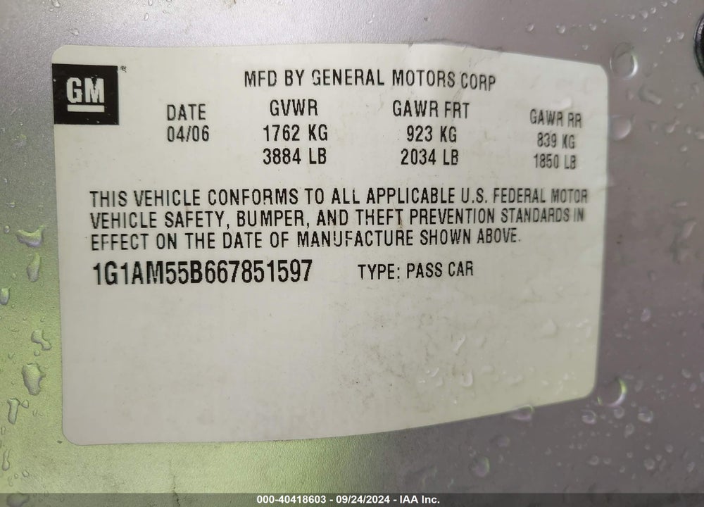 2006 CHEVROLET COBALT SS VIN: 1G1AM55B667851597