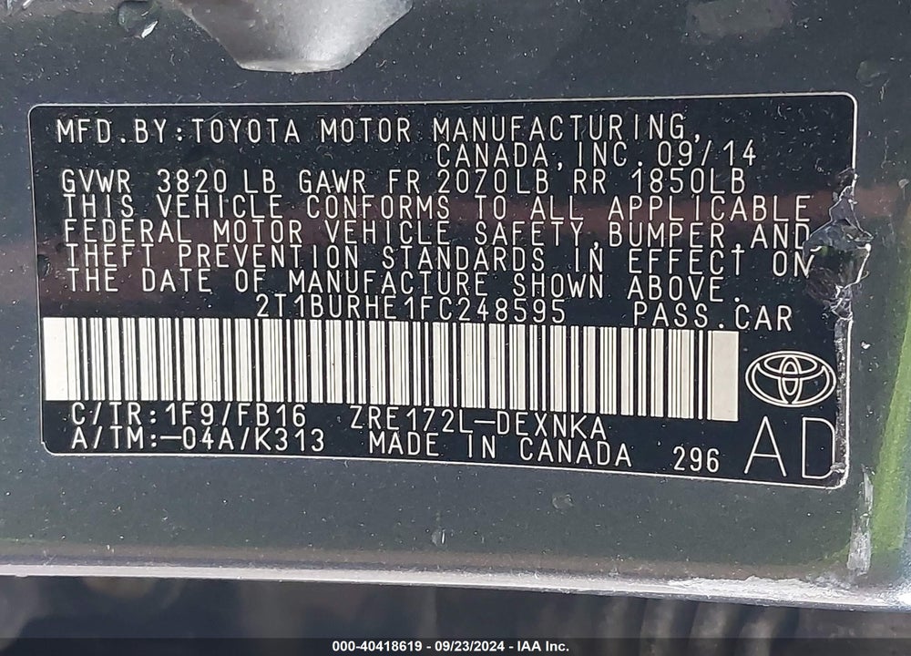 2015 TOYOTA COROLLA LE VIN: 2T1BURHE1FC248595