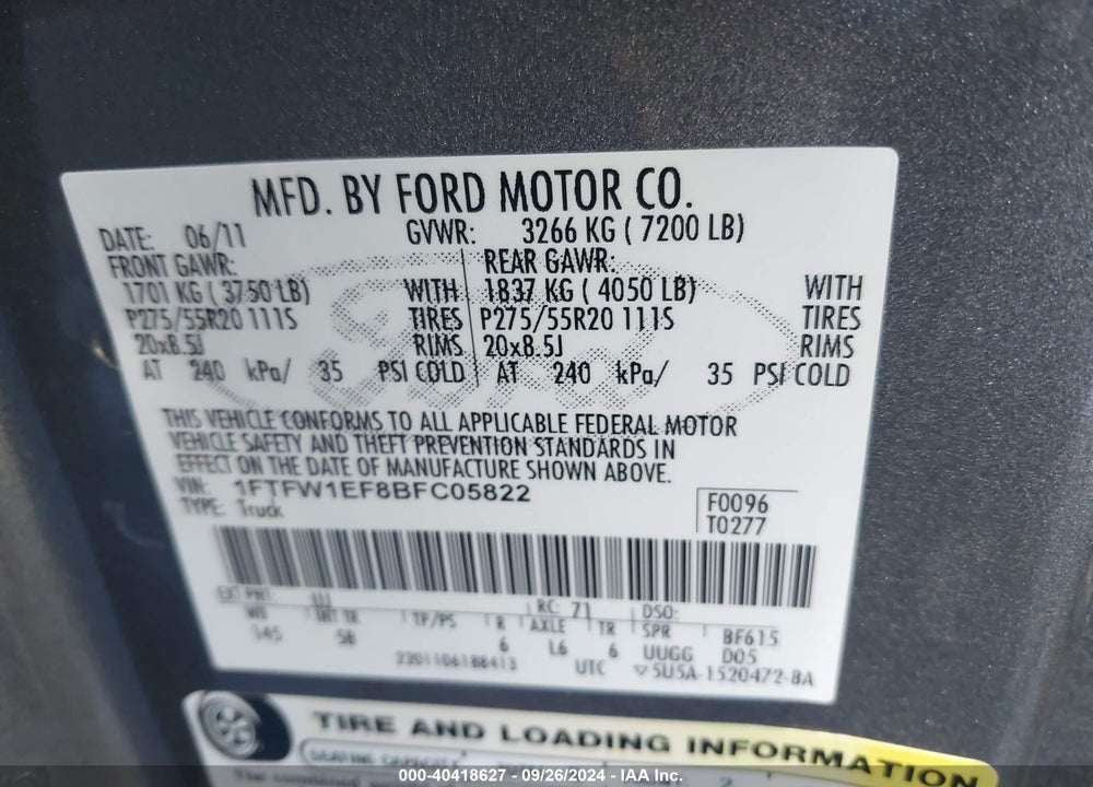2011 FORD F-150 FX4 VIN: 1FTFW1EF8BFC05822