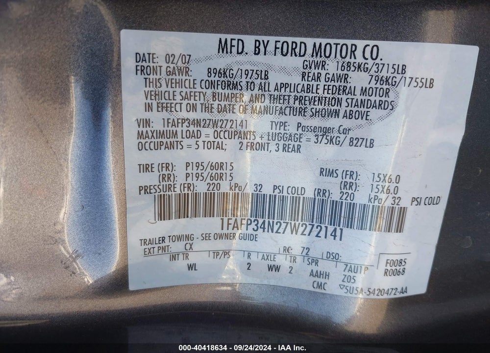 2007 FORD FOCUS S/SE/SES VIN: 1FAFP34N27W272141