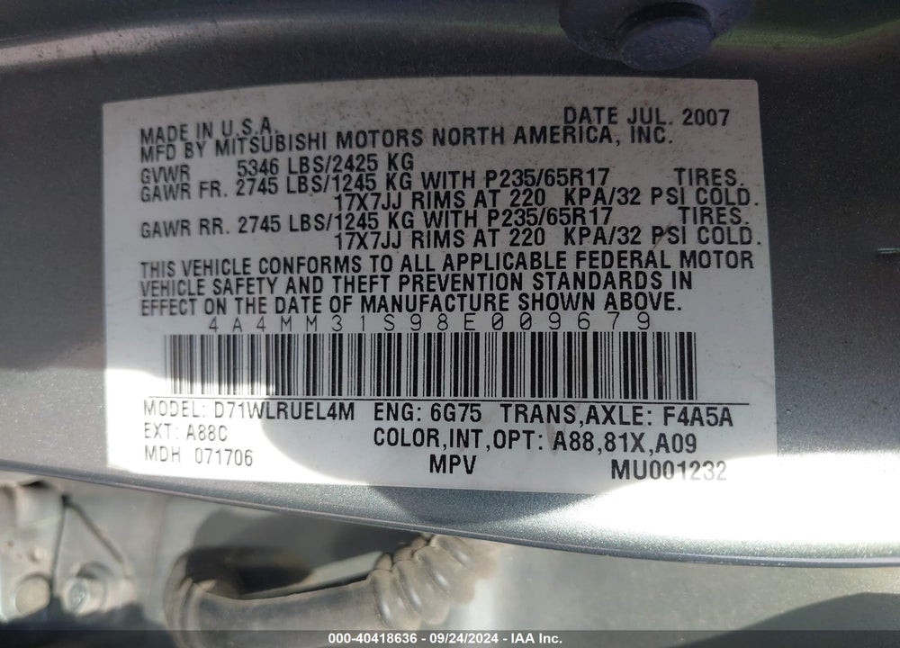 2008 MITSUBISHI ENDEAVOR SE VIN: 4A4MM31S98E009679