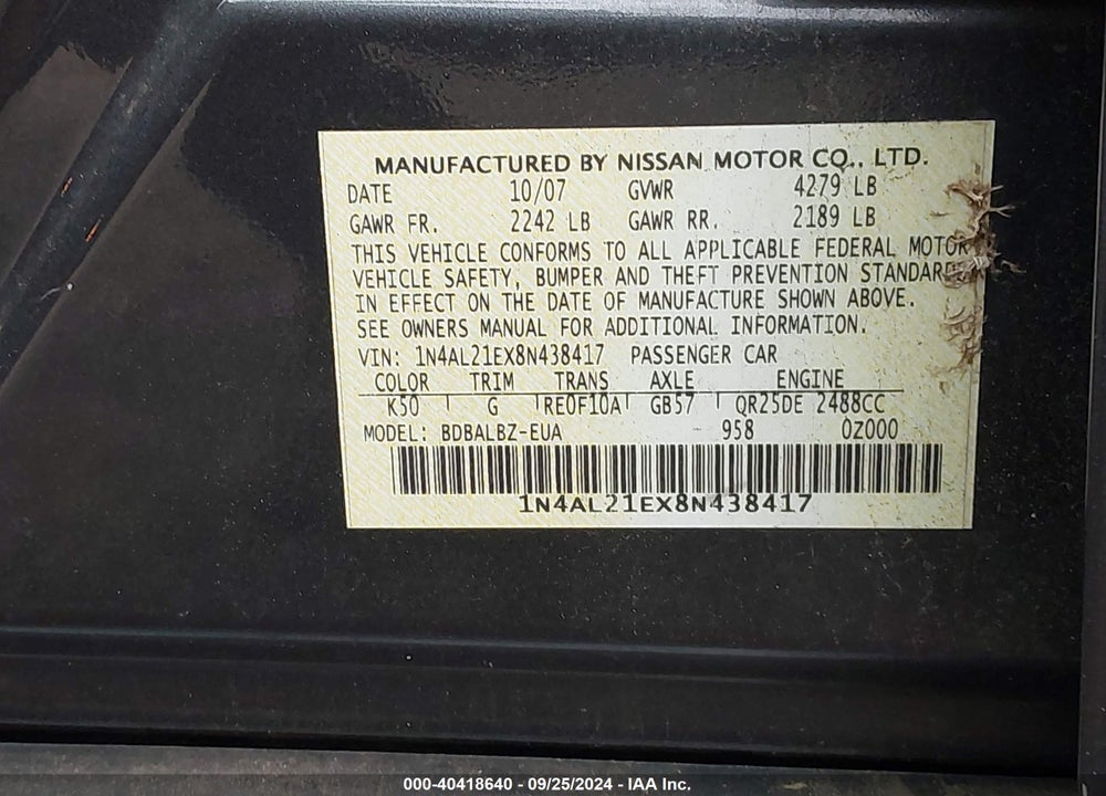 2008 NISSAN ALTIMA 2.5 S VIN: 1N4AL21EX8N438417