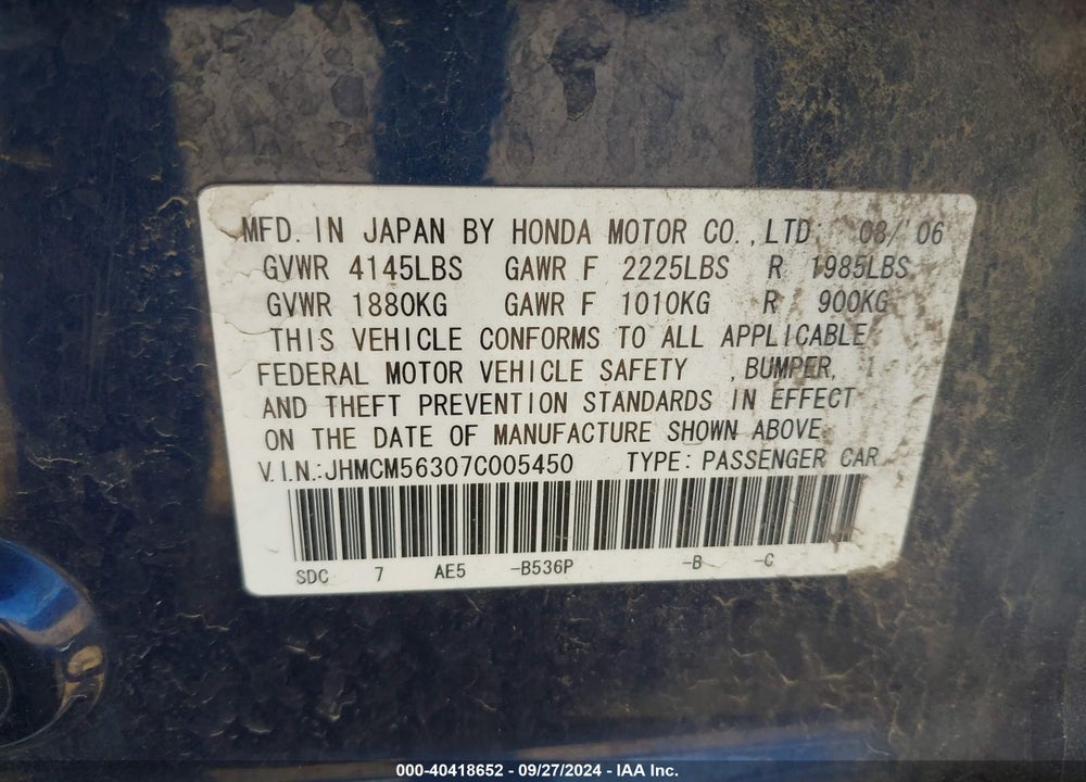 2007 HONDA ACCORD 2.4 SE VIN: JHMCM56307C005450
