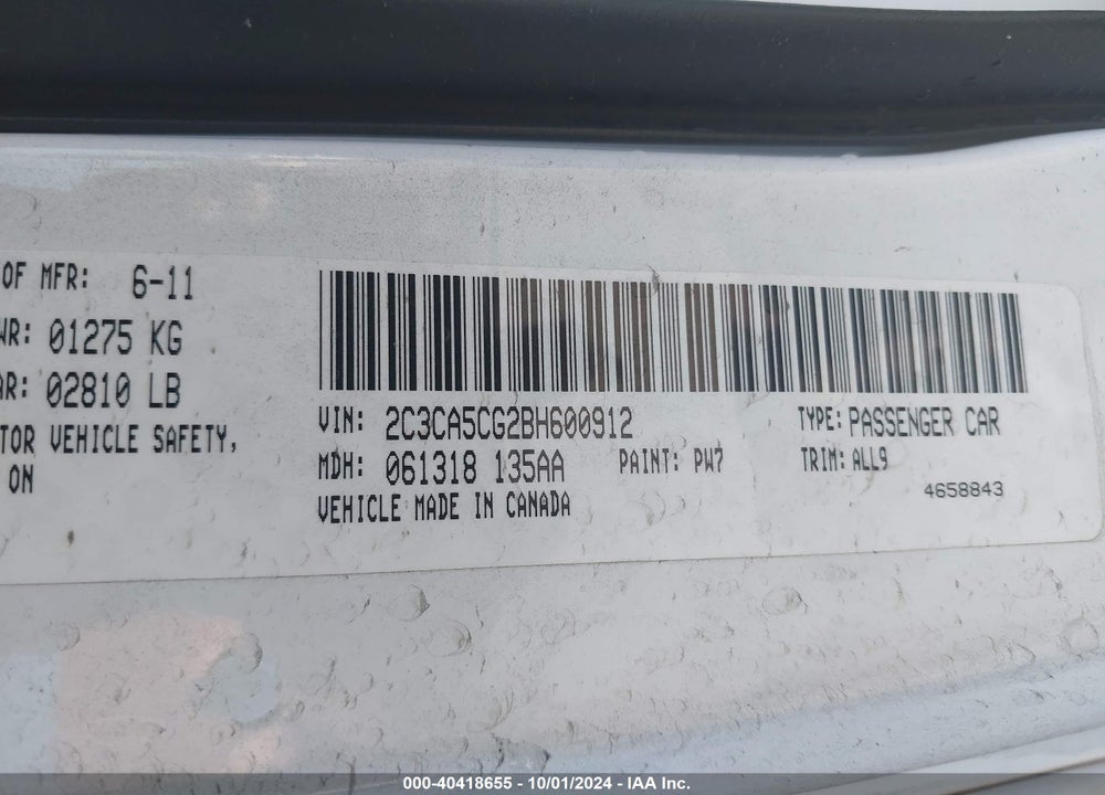 2011 CHRYSLER 300 LIMITED VIN: 2C3CA5CG2BH600912