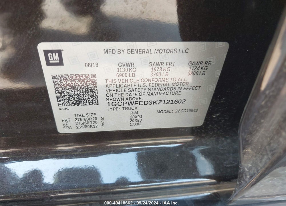 2019 CHEVROLET SILVERADO 1500 HIGH COUNTRY VIN: 1GCPWFED3KZ121602