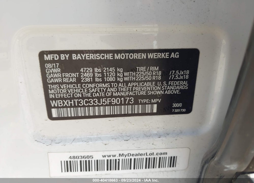 2018 BMW X1 XDRIVE28I VIN: WBXHT3C33J5F90173