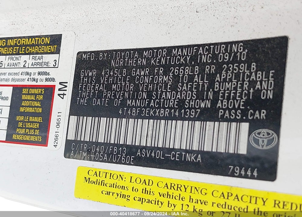 2011 TOYOTA CAMRY LE VIN: 4T4BF3EKXBR141397