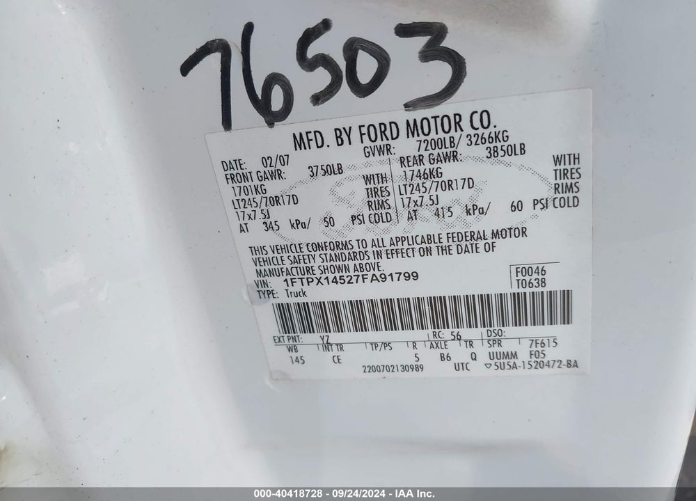 2007 FORD F-150 FX4/LARIAT/XL/XLT VIN: 1FTPX14527FA91799