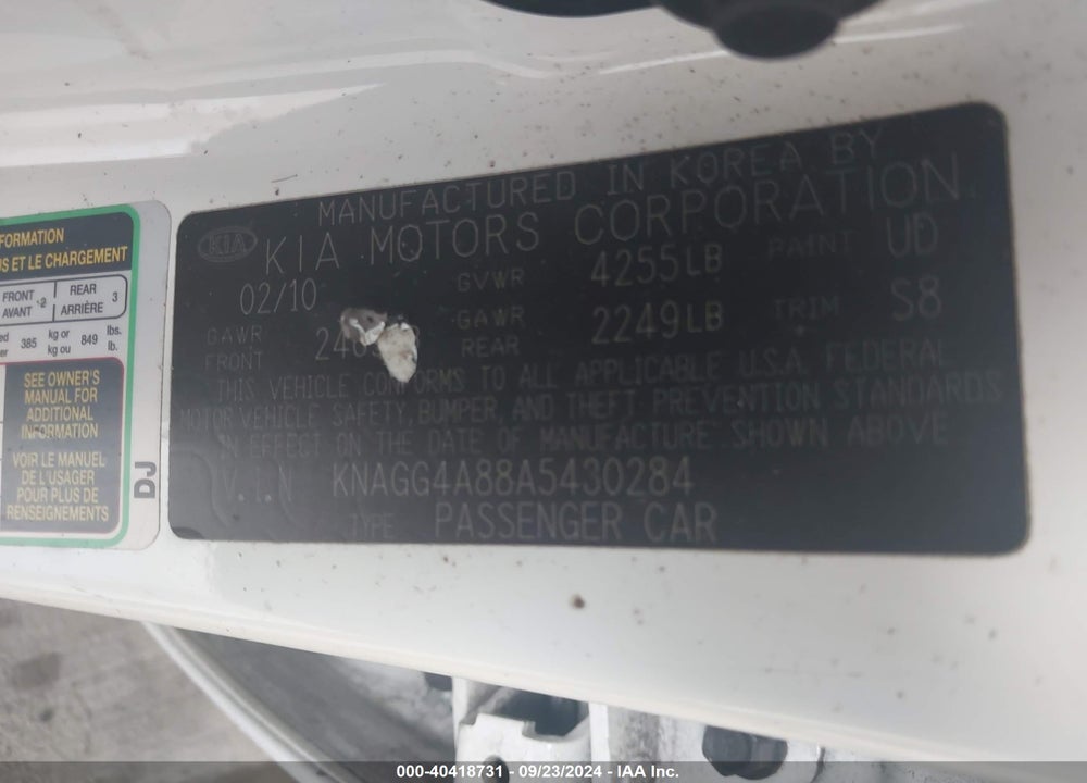 2010 KIA OPTIMA LX VIN: KNAGG4A88A5430284