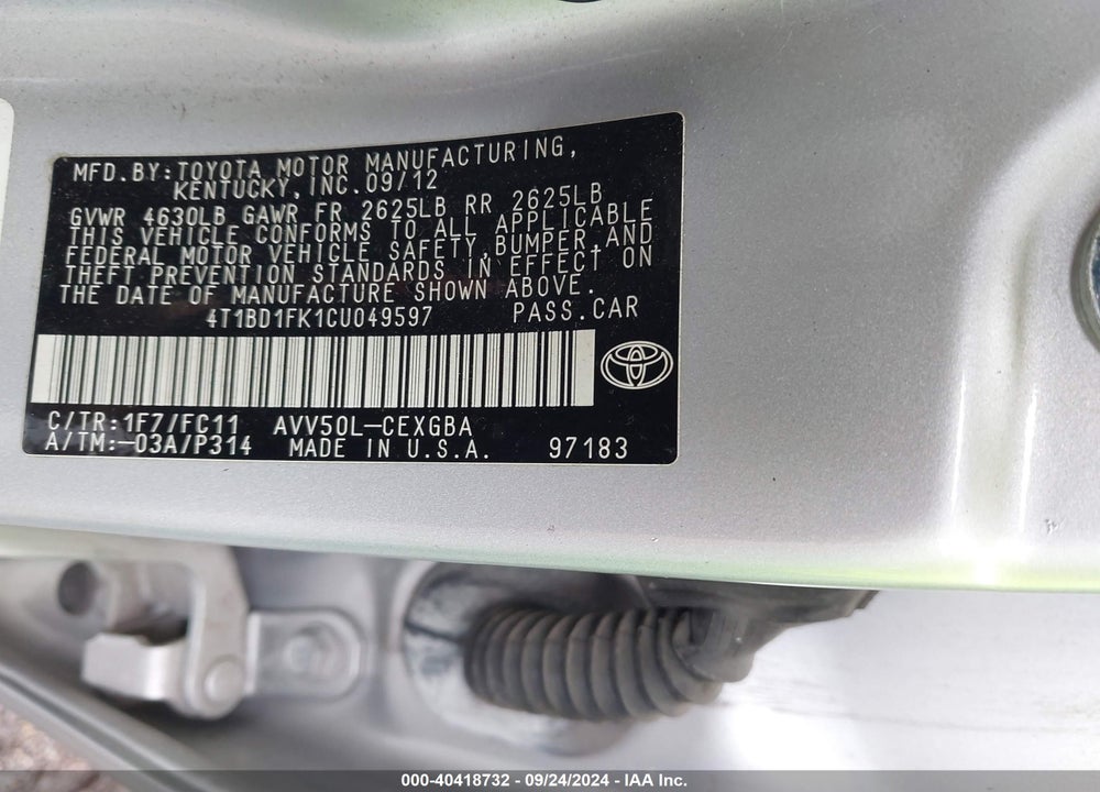 2012 TOYOTA CAMRY HYBRID XLE VIN: 4T1BD1FK1CU049597