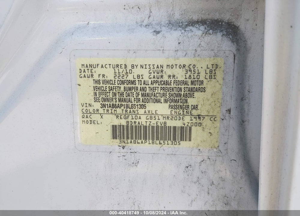 2011 NISSAN SENTRA 2.0SR VIN: 3N1AB6AP1BL651305