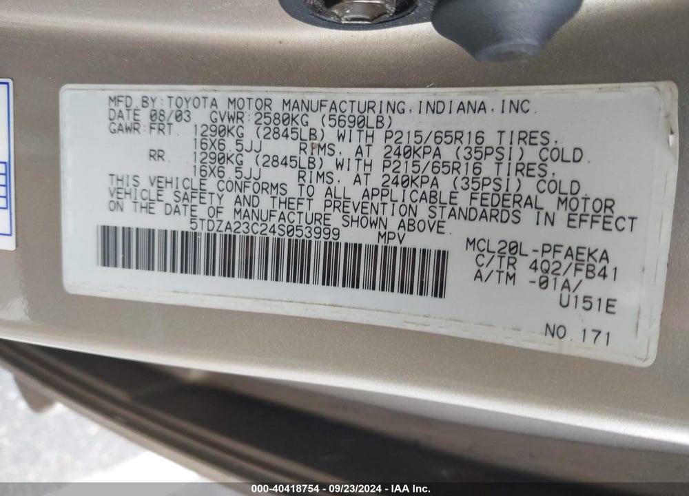2004 TOYOTA SIENNA LE VIN: 5TDZA23C24S053999