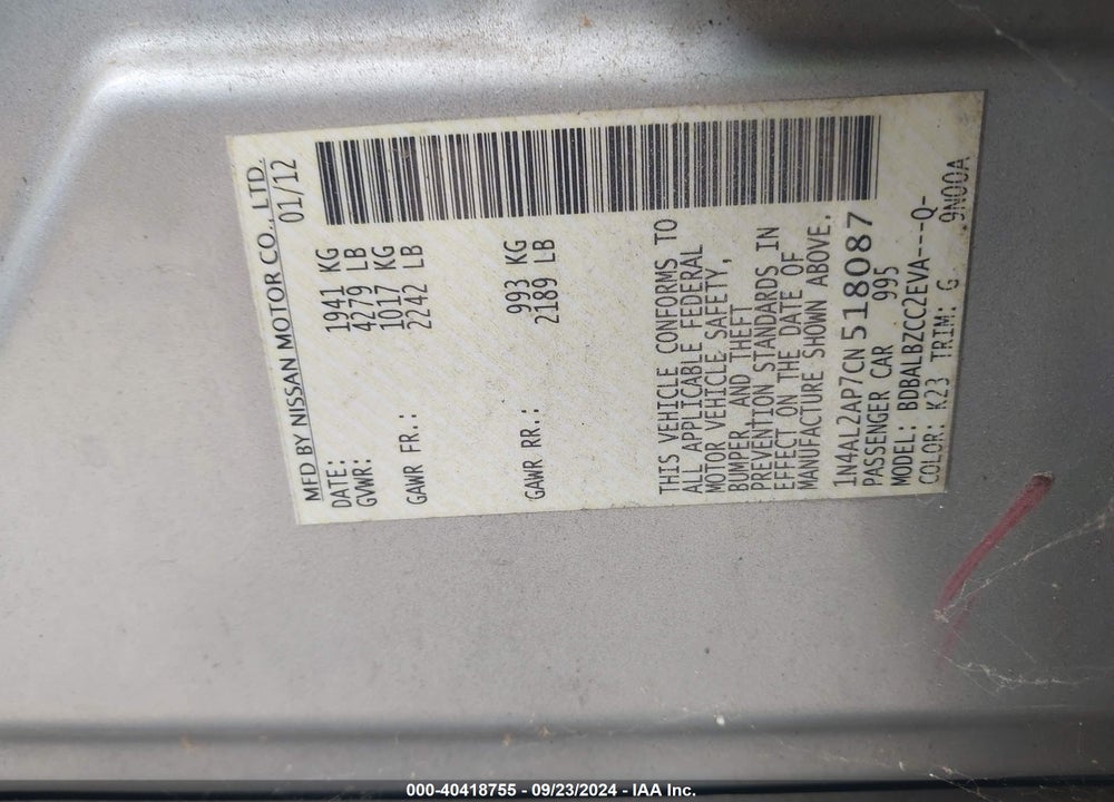 2012 NISSAN ALTIMA 2.5 S VIN: 1N4AL2AP7CN518087
