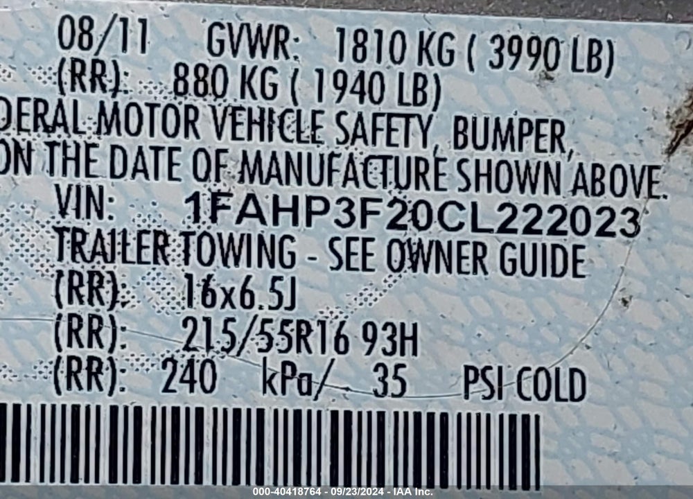 2012 FORD FOCUS SE VIN: 1FAHP3F20CL222023