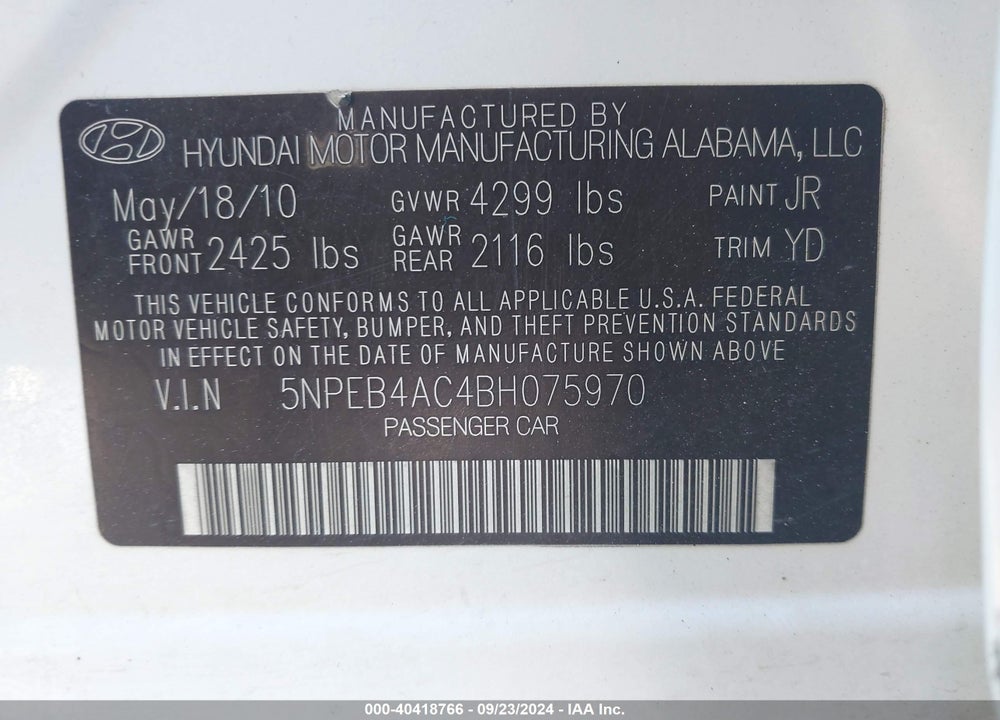 2011 HYUNDAI SONATA GLS VIN: 5NPEB4AC4BHO7597O